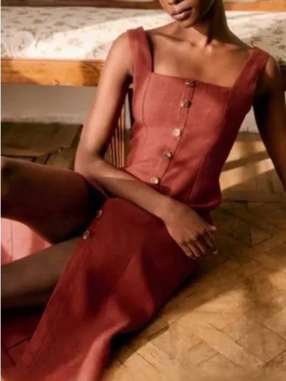 Sézane Donna Dress - Sleeveless Rust Button-Front Midi Dress